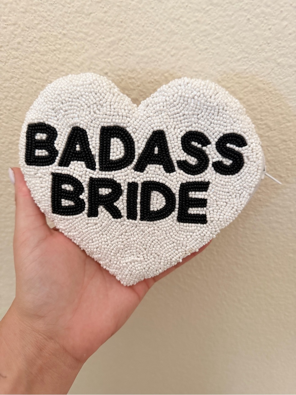 Beaded 'BADASS BRIDE' Heart Clutch - White & Black
